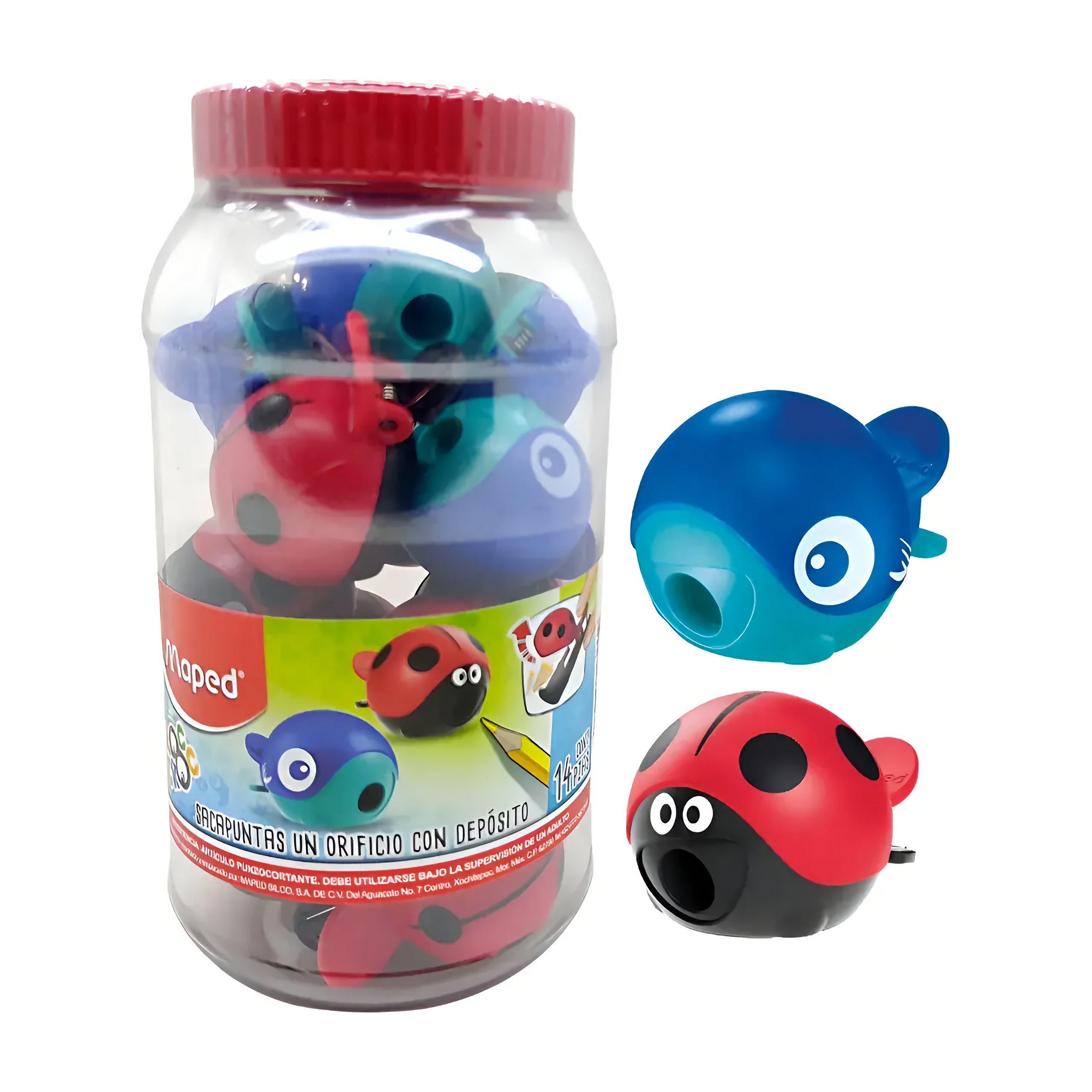 SACAPUNTAS ESCOLAR DE PLASTICO CROC-CROC CON DEPOSITO CON 14 PIEZAS MAPED