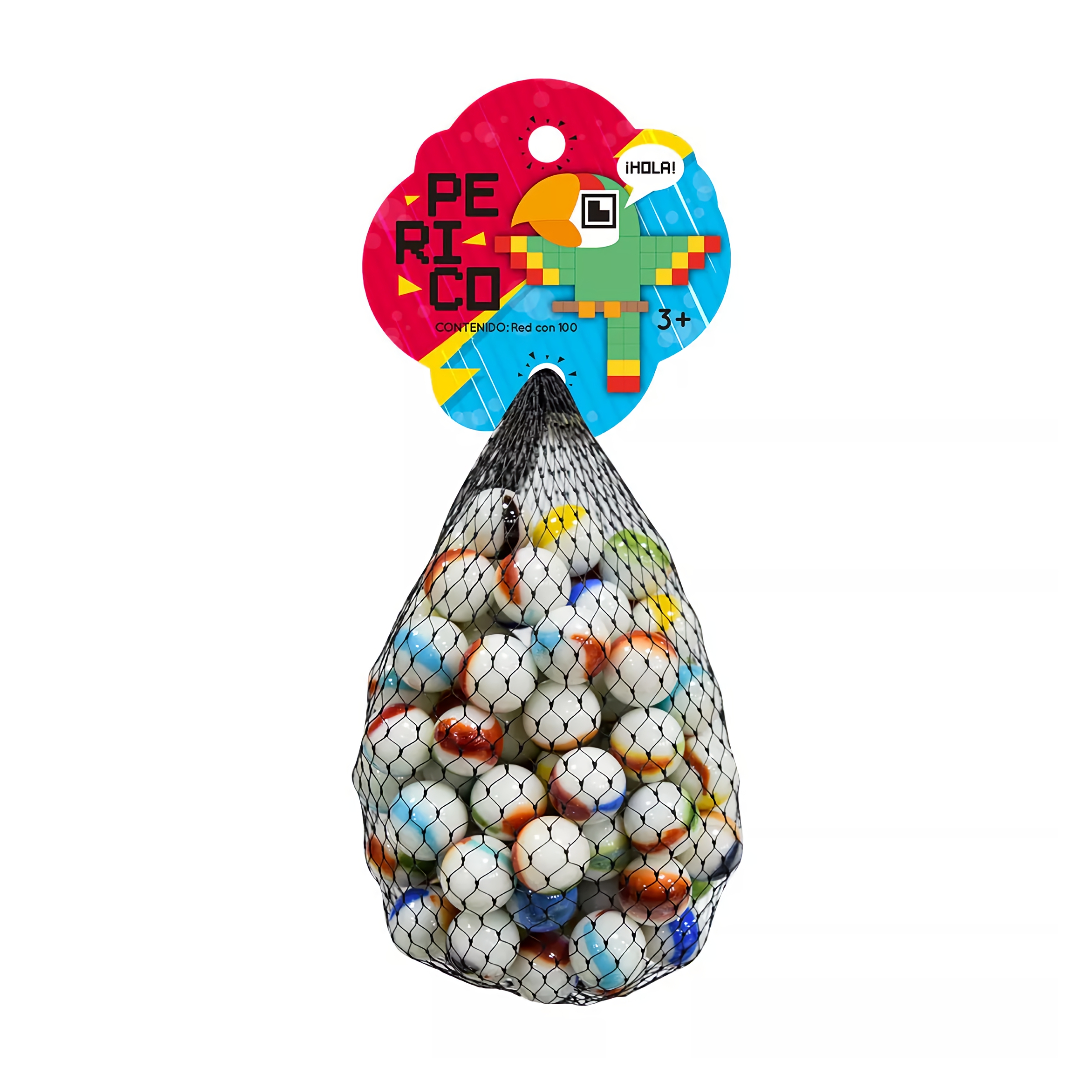 CANICA DE VIDRIO PERICO CON 100 PIEZAS #0 VACOR