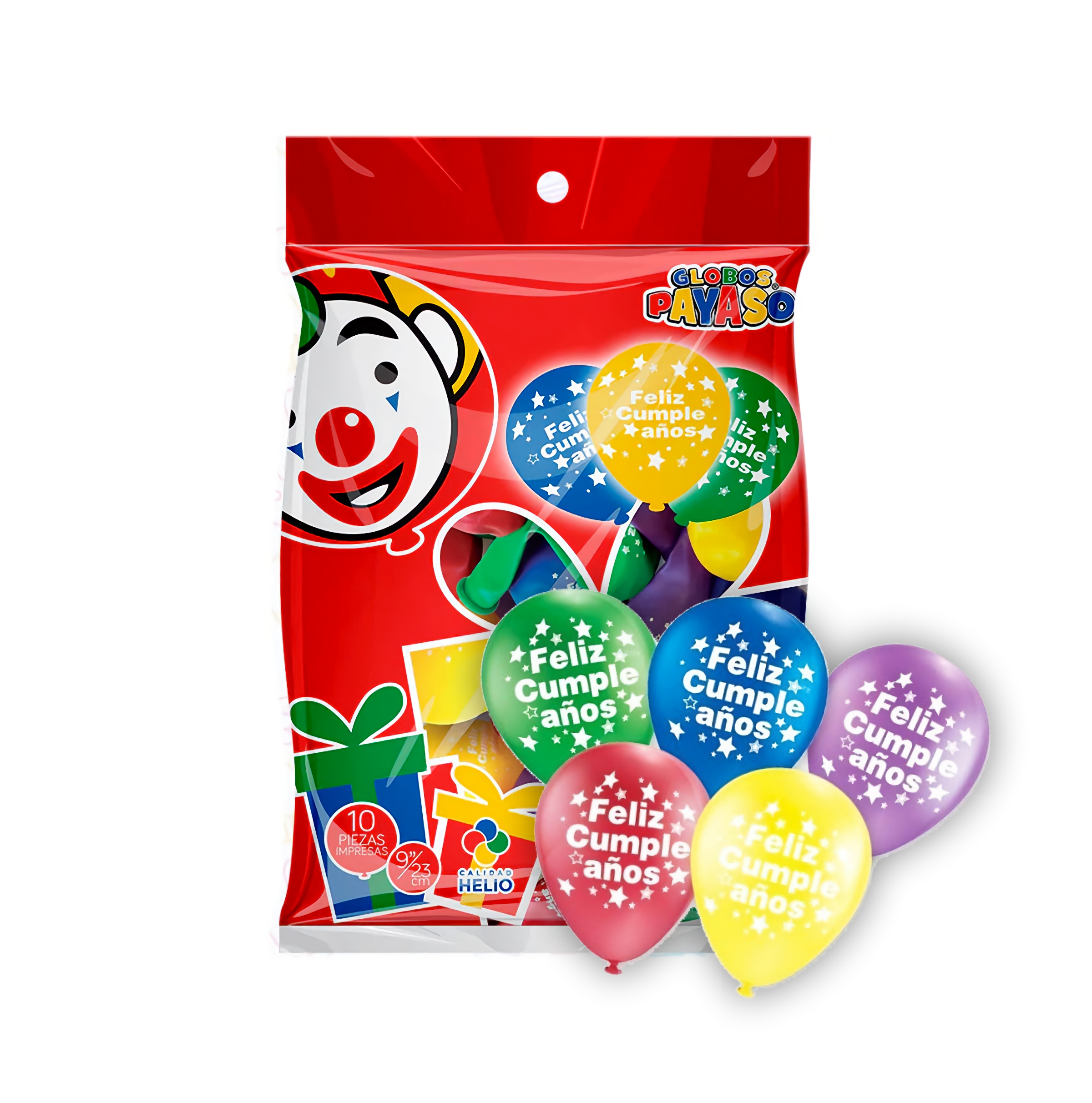 GLOBO IMPRESO "FELIZ CUMPLEAÑOS" #9 CON 10 PIEZAS PAYASO
