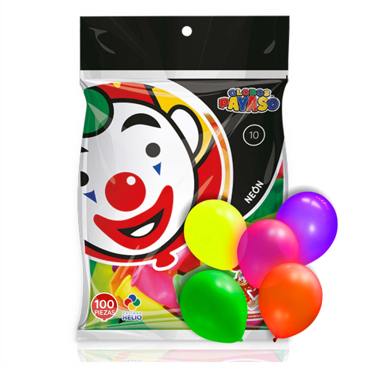 GLOBO #10 CON 100 PIEZAS NEON SURTIDO PAYASO