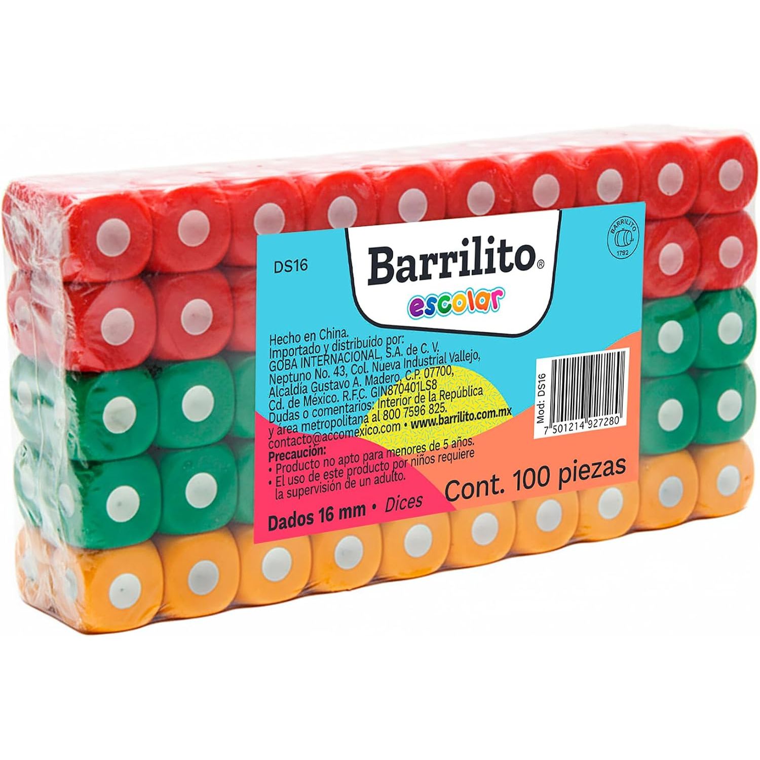 DADOS DE 16MM DE COLORES SURTIDOS CON 100 PIEZAS DS16 BARRILITO